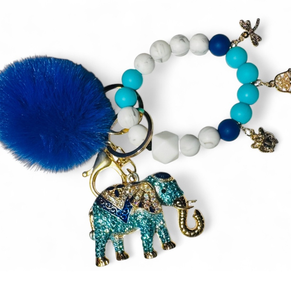Elephant Amulet Womens Silicone Beaded Keychain with Pom Pom - Picture 3 of 6